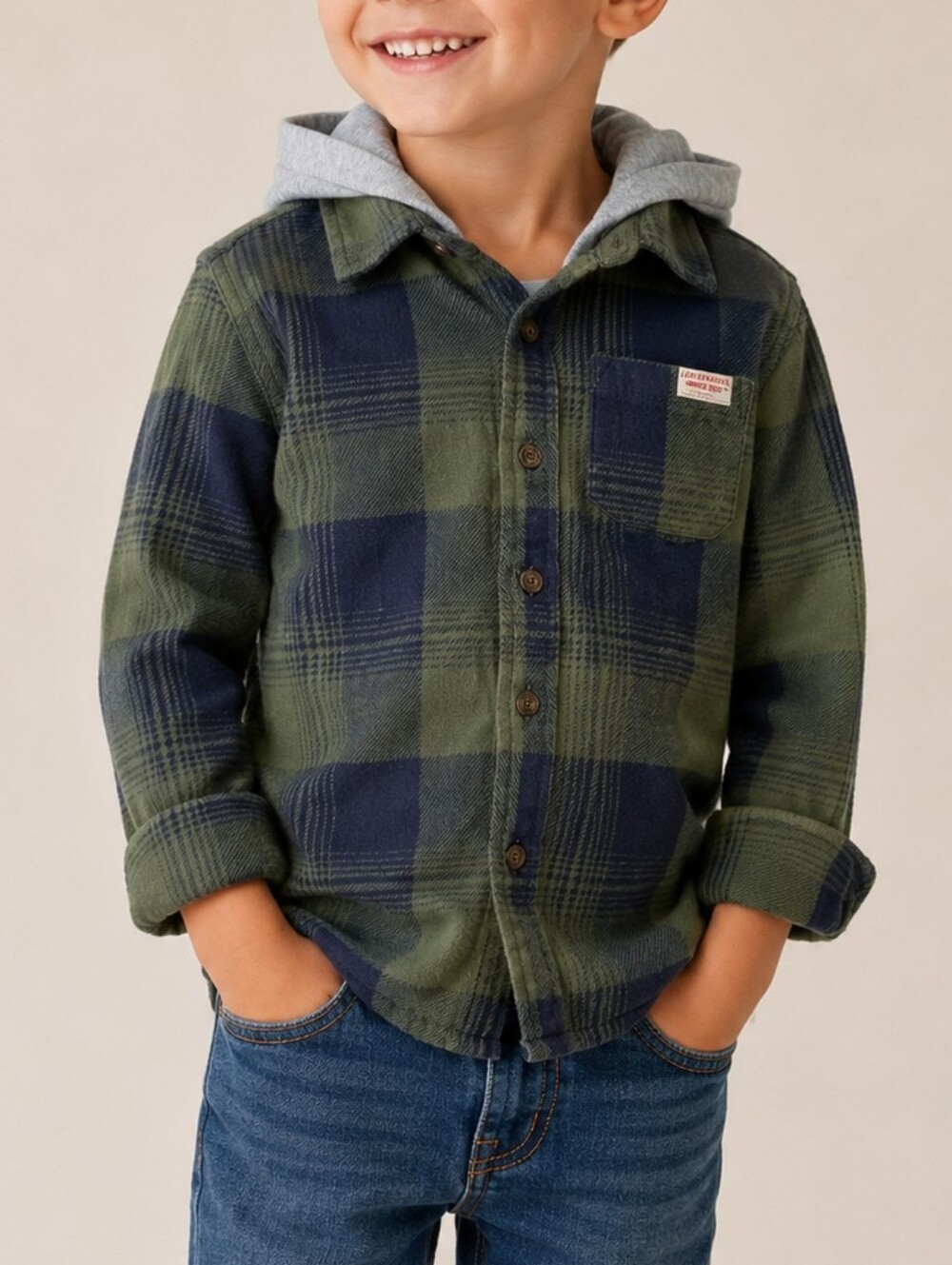 Levi's Boys Green Blue Plaid Hooded Flannel Shacket Shirt Size 4/5 90s Grunge